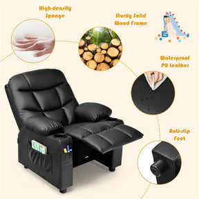 Kids Recliner Chair PU Leather Adjustable Lounge Sofa with Cup Holder, 3 Pockets & Retractable Footrest, Ergonomic Toddler Furniture Sofa