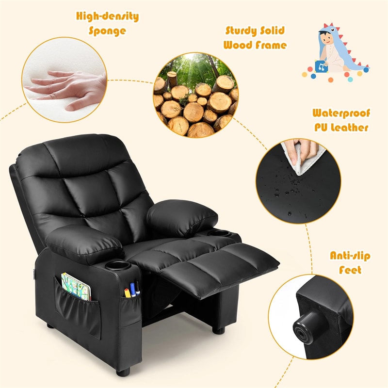 Kids Recliner Chair PU Leather Adjustable Lounge Sofa with Cup Holder, 3 Pockets & Retractable Footrest, Ergonomic Toddler Furniture Sofa