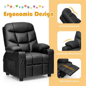 Kids Recliner Chair PU Leather Adjustable Lounge Sofa with Cup Holder, 3 Pockets & Retractable Footrest, Ergonomic Toddler Furniture Sofa