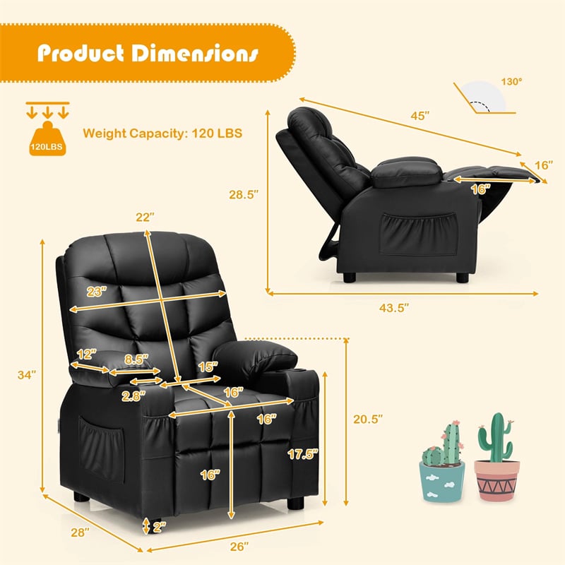 Kids Recliner Chair PU Leather Adjustable Lounge Sofa with Cup Holder, 3 Pockets & Retractable Footrest, Ergonomic Toddler Furniture Sofa