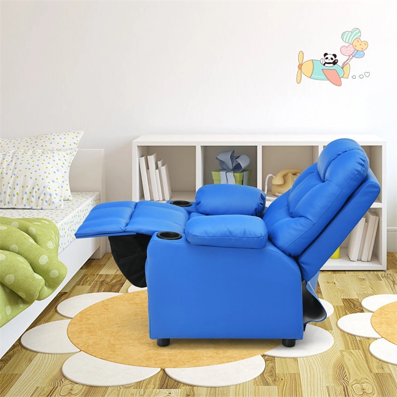 Kids Recliner Chair PU Leather Adjustable Lounge Sofa with Cup Holder, 3 Pockets & Retractable Footrest, Ergonomic Toddler Furniture Sofa