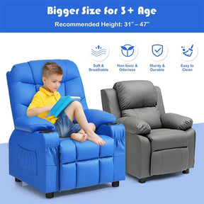 Kids Recliner Chair PU Leather Adjustable Lounge Sofa with Cup Holder, 3 Pockets & Retractable Footrest, Ergonomic Toddler Furniture Sofa