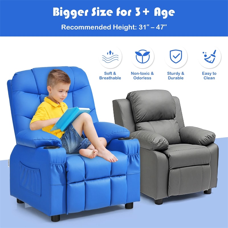 Kids Recliner Chair PU Leather Adjustable Lounge Sofa with Cup Holder, 3 Pockets & Retractable Footrest, Ergonomic Toddler Furniture Sofa