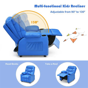 Kids Recliner Chair PU Leather Adjustable Lounge Sofa with Cup Holder, 3 Pockets & Retractable Footrest, Ergonomic Toddler Furniture Sofa