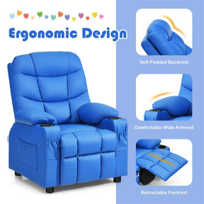 Kids Recliner Chair PU Leather Adjustable Lounge Sofa with Cup Holder, 3 Pockets & Retractable Footrest, Ergonomic Toddler Furniture Sofa