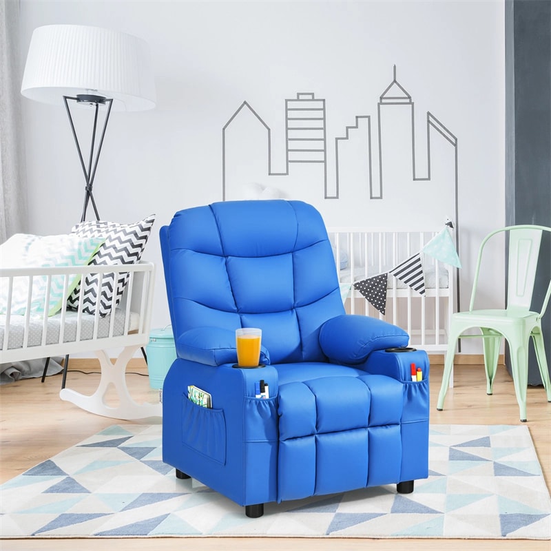 Kids Recliner Chair PU Leather Adjustable Lounge Sofa with Cup Holder, 3 Pockets & Retractable Footrest, Ergonomic Toddler Furniture Sofa