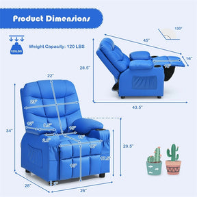 Kids Recliner Chair PU Leather Adjustable Lounge Sofa with Cup Holder, 3 Pockets & Retractable Footrest, Ergonomic Toddler Furniture Sofa