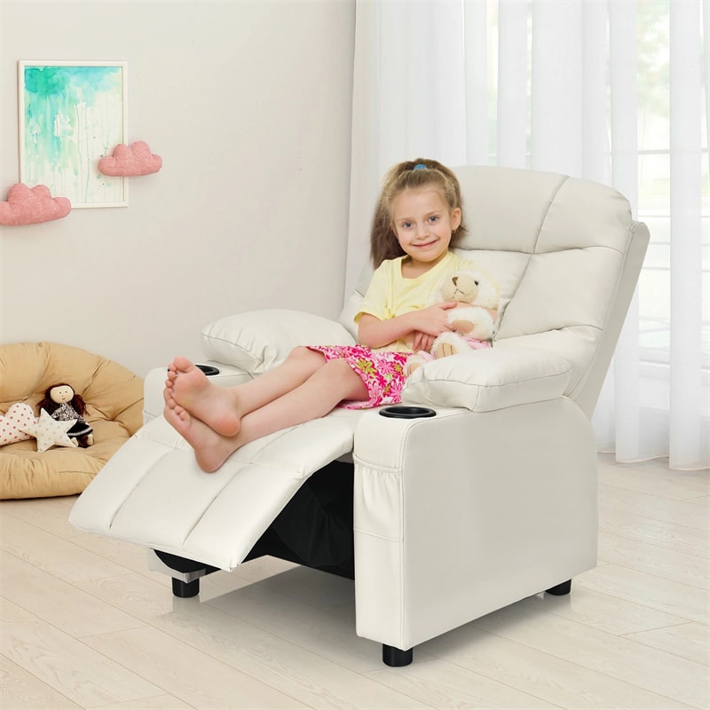 Kids Recliner Chair PU Leather Adjustable Lounge Sofa with Cup Holder, 3 Pockets & Retractable Footrest, Ergonomic Toddler Furniture Sofa