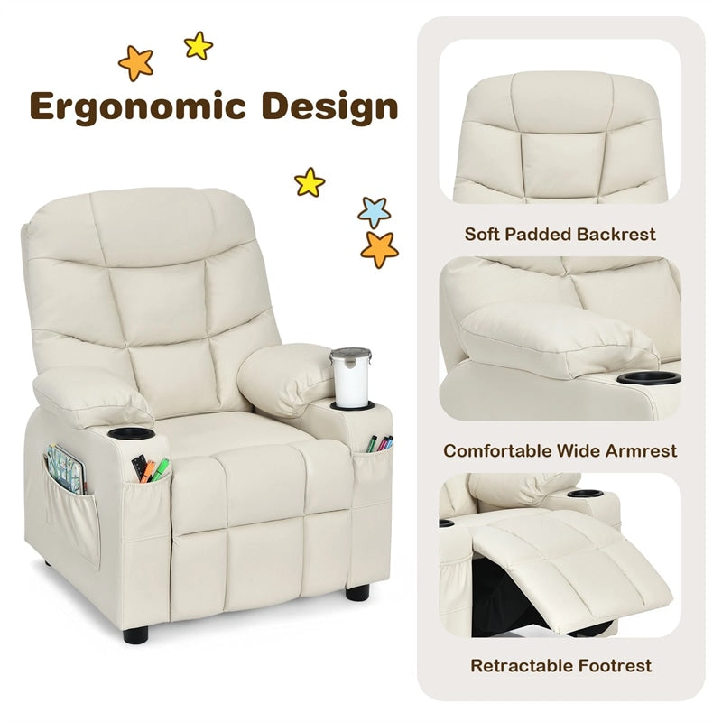 Kids Recliner Chair PU Leather Adjustable Lounge Sofa with Cup Holder, 3 Pockets & Retractable Footrest, Ergonomic Toddler Furniture Sofa