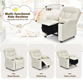 Kids Recliner Chair PU Leather Adjustable Lounge Sofa with Cup Holder, 3 Pockets & Retractable Footrest, Ergonomic Toddler Furniture Sofa