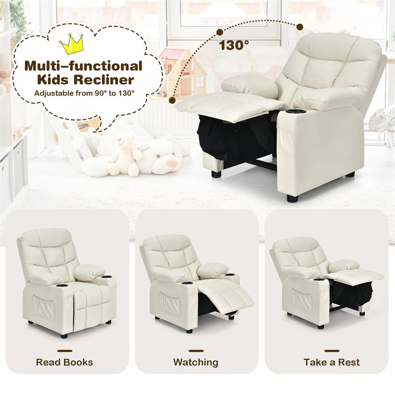 Kids Recliner Chair PU Leather Adjustable Lounge Sofa with Cup Holder, 3 Pockets & Retractable Footrest, Ergonomic Toddler Furniture Sofa