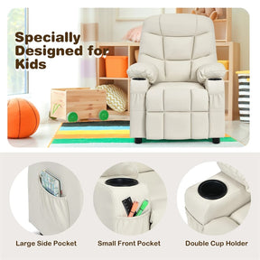 Kids Recliner Chair PU Leather Adjustable Lounge Sofa with Cup Holder, 3 Pockets & Retractable Footrest, Ergonomic Toddler Furniture Sofa