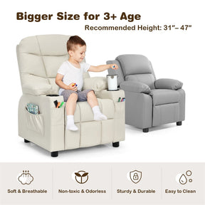 Kids Recliner Chair PU Leather Adjustable Lounge Sofa with Cup Holder, 3 Pockets & Retractable Footrest, Ergonomic Toddler Furniture Sofa