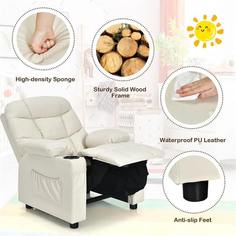 Kids Recliner Chair PU Leather Adjustable Lounge Sofa with Cup Holder, 3 Pockets & Retractable Footrest, Ergonomic Toddler Furniture Sofa