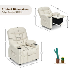 Kids Recliner Chair PU Leather Adjustable Lounge Sofa with Cup Holder, 3 Pockets & Retractable Footrest, Ergonomic Toddler Furniture Sofa
