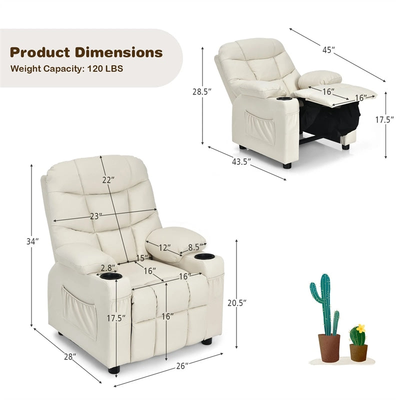 Kids Recliner Chair PU Leather Adjustable Lounge Sofa with Cup Holder, 3 Pockets & Retractable Footrest, Ergonomic Toddler Furniture Sofa
