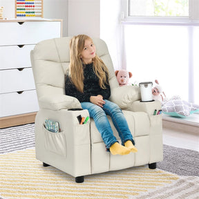 Kids Recliner Chair PU Leather Adjustable Lounge Sofa with Cup Holder, 3 Pockets & Retractable Footrest, Ergonomic Toddler Furniture Sofa