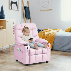 Kids Recliner Chair PU Leather Adjustable Lounge Sofa with Cup Holder, 3 Pockets & Retractable Footrest, Ergonomic Toddler Furniture Sofa