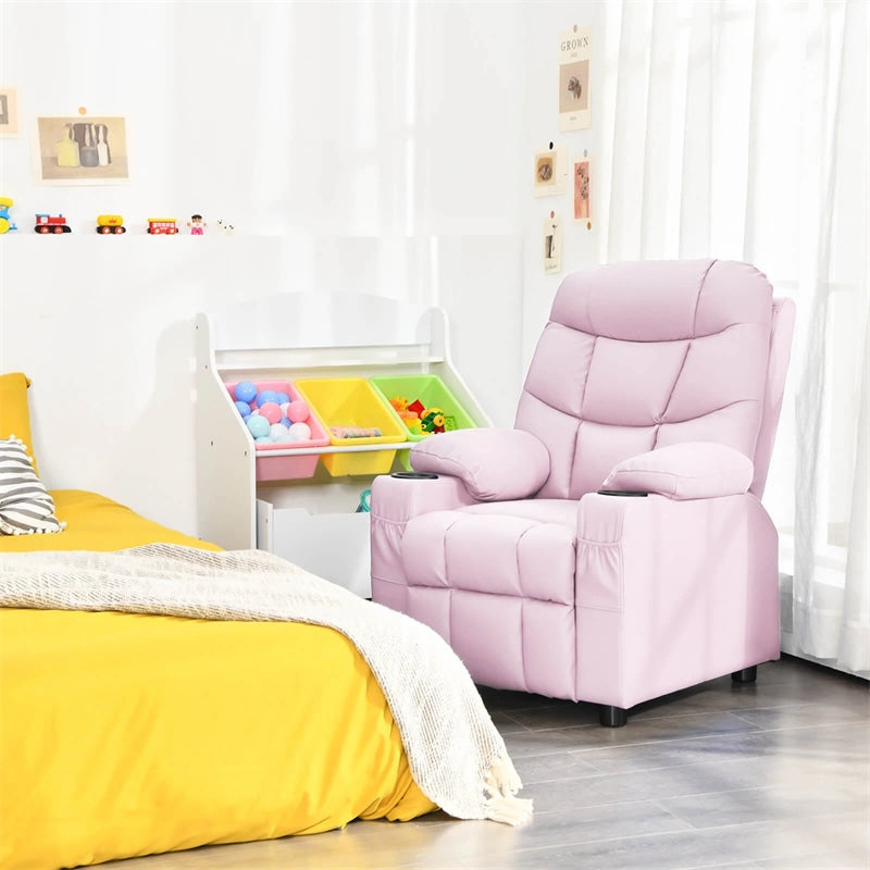 Kids Recliner Chair PU Leather Adjustable Lounge Sofa with Cup Holder, 3 Pockets & Retractable Footrest, Ergonomic Toddler Furniture Sofa