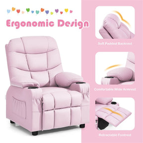 Kids Recliner Chair PU Leather Adjustable Lounge Sofa with Cup Holder, 3 Pockets & Retractable Footrest, Ergonomic Toddler Furniture Sofa