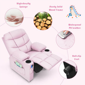 Kids Recliner Chair PU Leather Adjustable Lounge Sofa with Cup Holder, 3 Pockets & Retractable Footrest, Ergonomic Toddler Furniture Sofa
