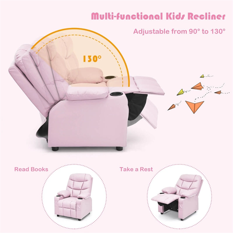 Kids Recliner Chair PU Leather Adjustable Lounge Sofa with Cup Holder, 3 Pockets & Retractable Footrest, Ergonomic Toddler Furniture Sofa