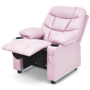 Kids Recliner Chair PU Leather Adjustable Lounge Sofa with Cup Holder, 3 Pockets & Retractable Footrest, Ergonomic Toddler Furniture Sofa