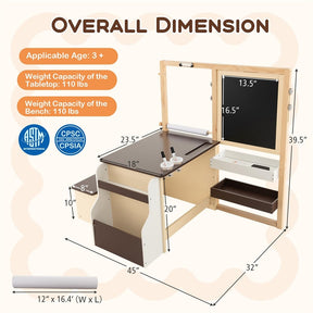 Kids Wooden Art Center Easel with Adjustable Double-Sided Blackboard & Whiteboard, Paper Roll, Toddler Art Table & Chair Set with Storage