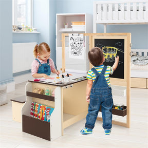 Kids Wooden Art Center Easel with Adjustable Double-Sided Blackboard & Whiteboard, Paper Roll, Toddler Art Table & Chair Set with Storage