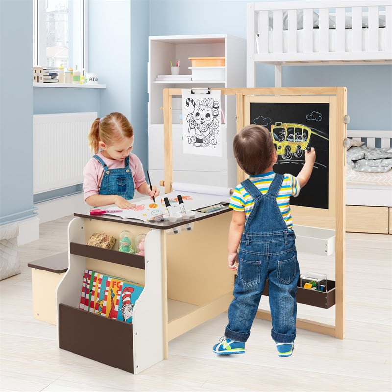 Kids Wooden Art Center Easel with Adjustable Double-Sided Blackboard & Whiteboard, Paper Roll, Toddler Art Table & Chair Set with Storage