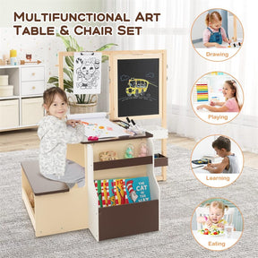 Kids Wooden Art Center Easel with Adjustable Double-Sided Blackboard & Whiteboard, Paper Roll, Toddler Art Table & Chair Set with Storage