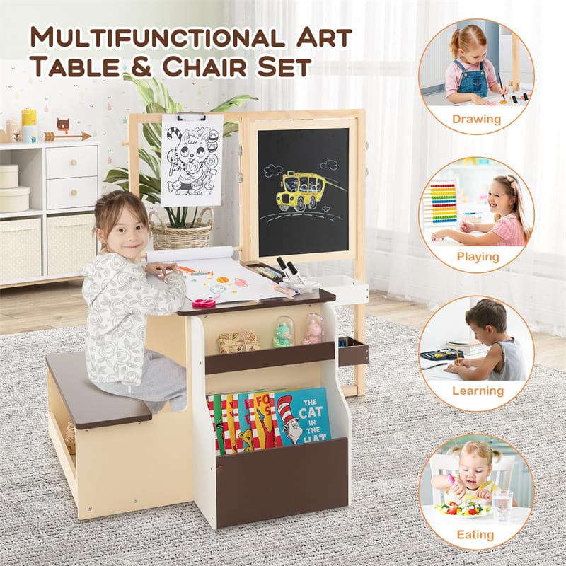 Kids Wooden Art Center Easel with Adjustable Double-Sided Blackboard & Whiteboard, Paper Roll, Toddler Art Table & Chair Set with Storage