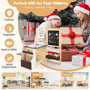 Kids Wooden Art Center Easel with Adjustable Double-Sided Blackboard & Whiteboard, Paper Roll, Toddler Art Table & Chair Set with Storage
