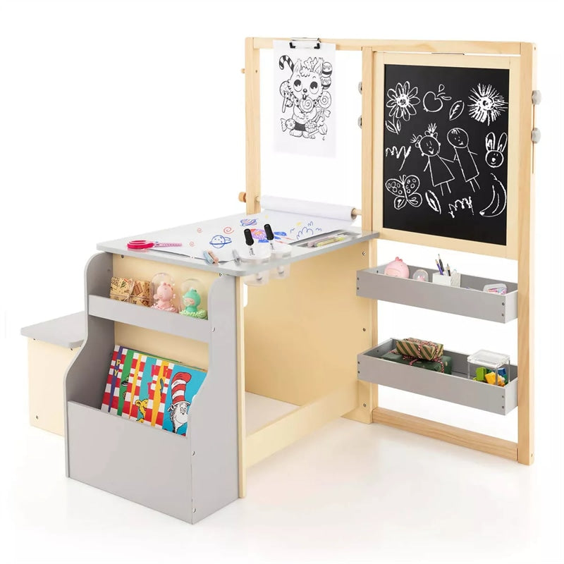 Kids Wooden Art Center Easel with Adjustable Double-Sided Blackboard & Whiteboard, Paper Roll, Toddler Art Table & Chair Set with Storage