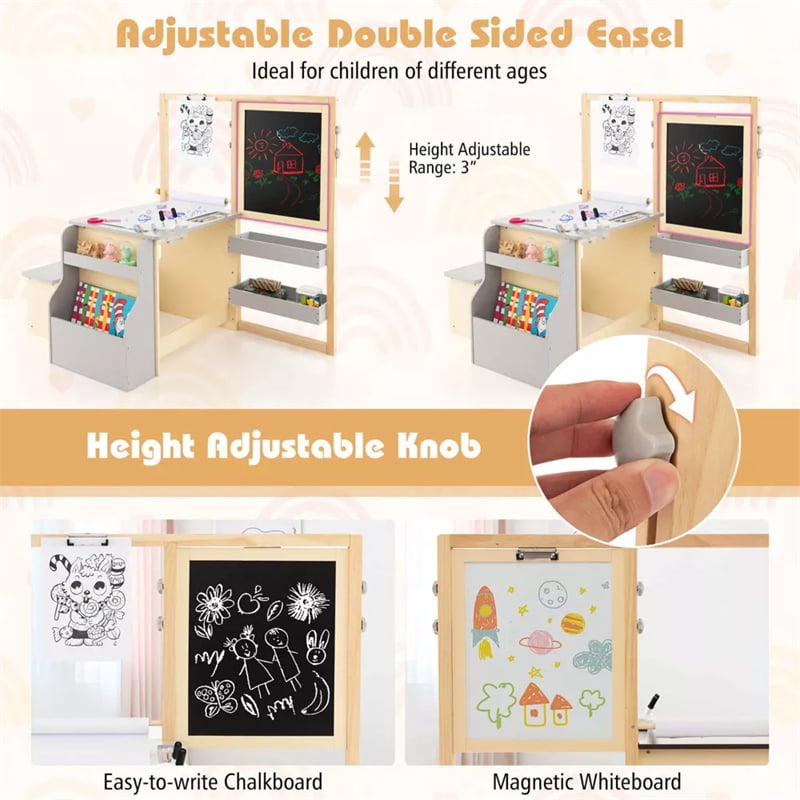 Kids Wooden Art Center Easel with Adjustable Double-Sided Blackboard & Whiteboard, Paper Roll, Toddler Art Table & Chair Set with Storage
