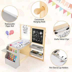 Kids Wooden Art Center Easel with Adjustable Double-Sided Blackboard & Whiteboard, Paper Roll, Toddler Art Table & Chair Set with Storage