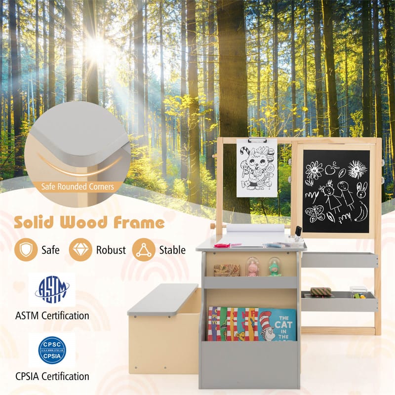 Kids Wooden Art Center Easel with Adjustable Double-Sided Blackboard & Whiteboard, Paper Roll, Toddler Art Table & Chair Set with Storage