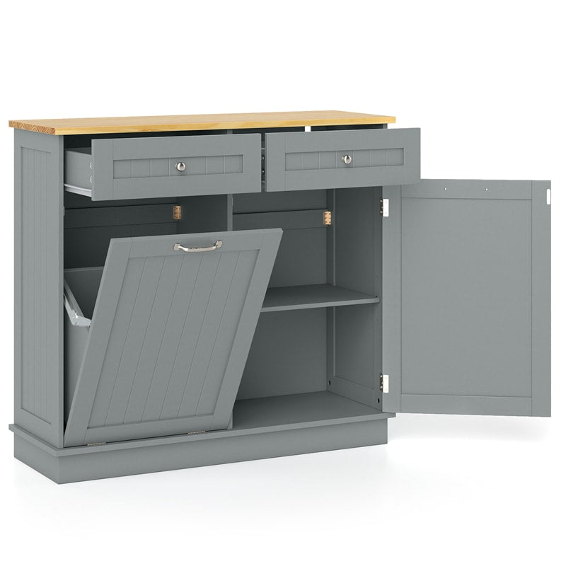 Kitchen Tilt Out Trash Cabinet, Buffet Sideboard w/ Trash Can Holder, 2 Drawers, Rubberwood Countertop & Adj. Shelves, Pet Proof Laundry Hamper
