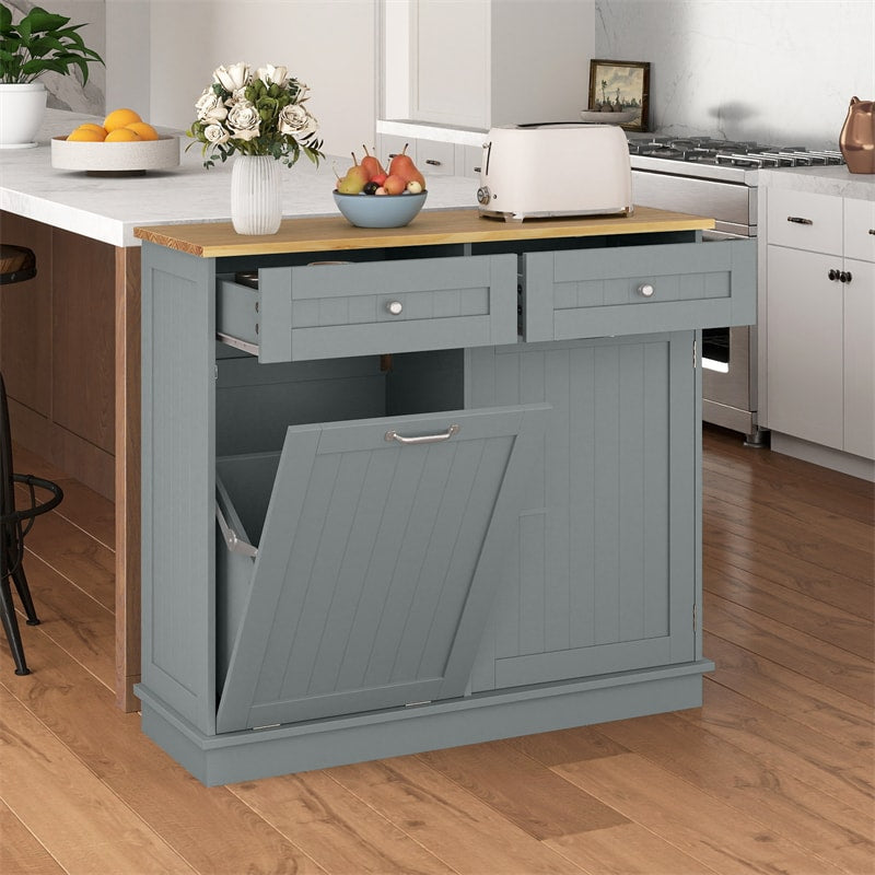 Kitchen Tilt Out Trash Cabinet, Buffet Sideboard w/ Trash Can Holder, 2 Drawers, Rubberwood Countertop & Adj. Shelves, Pet Proof Laundry Hamper