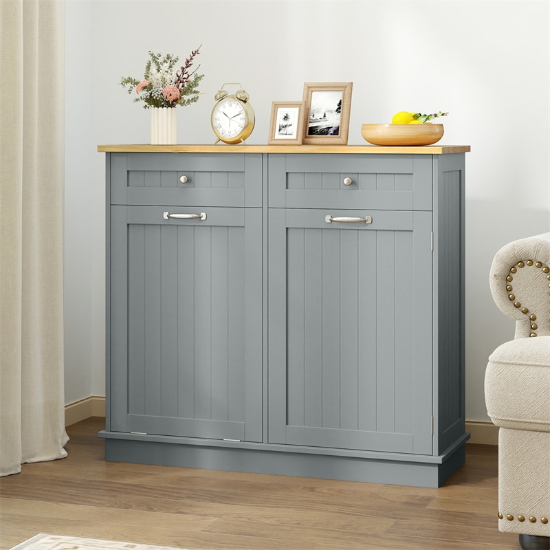 Kitchen Tilt Out Trash Cabinet, Buffet Sideboard w/ Trash Can Holder, 2 Drawers, Rubberwood Countertop & Adj. Shelves, Pet Proof Laundry Hamper