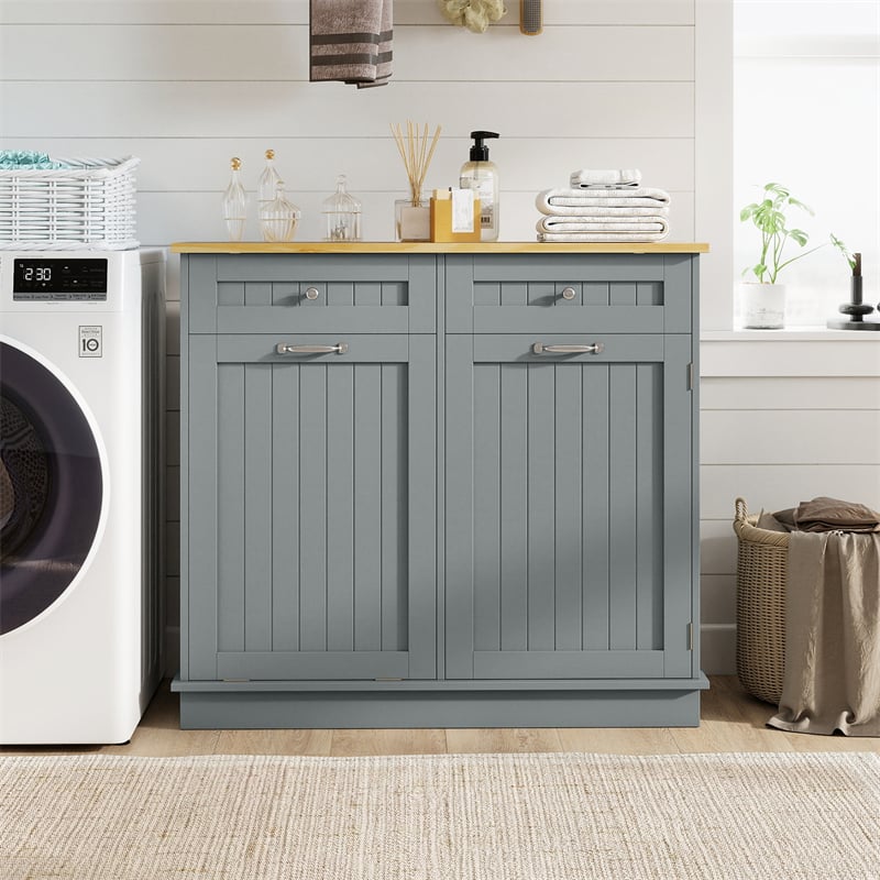 Kitchen Tilt Out Trash Cabinet, Buffet Sideboard w/ Trash Can Holder, 2 Drawers, Rubberwood Countertop & Adj. Shelves, Pet Proof Laundry Hamper