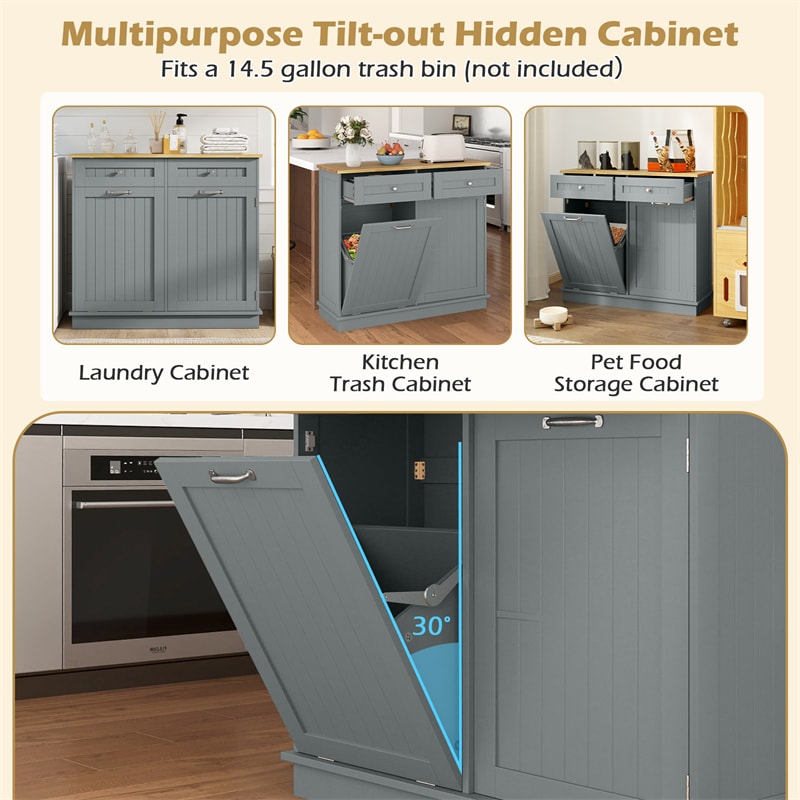 Kitchen Tilt Out Trash Cabinet, Buffet Sideboard w/ Trash Can Holder, 2 Drawers, Rubberwood Countertop & Adj. Shelves, Pet Proof Laundry Hamper