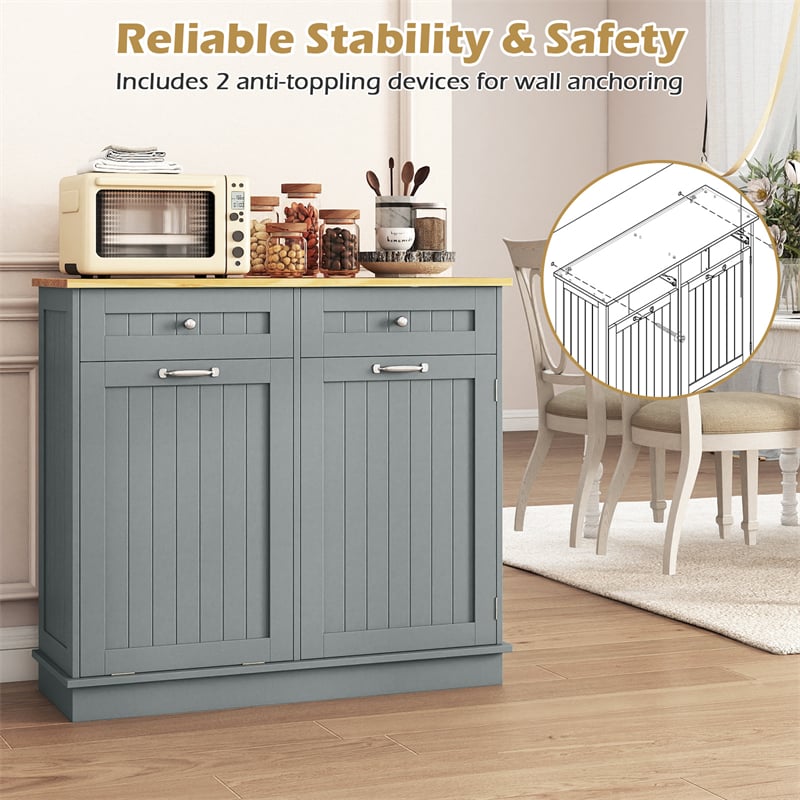 Kitchen Tilt Out Trash Cabinet, Buffet Sideboard w/ Trash Can Holder, 2 Drawers, Rubberwood Countertop & Adj. Shelves, Pet Proof Laundry Hamper