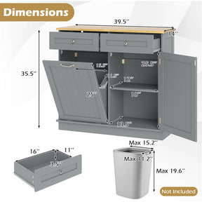 Kitchen Tilt Out Trash Cabinet, Buffet Sideboard w/ Trash Can Holder, 2 Drawers, Rubberwood Countertop & Adj. Shelves, Pet Proof Laundry Hamper