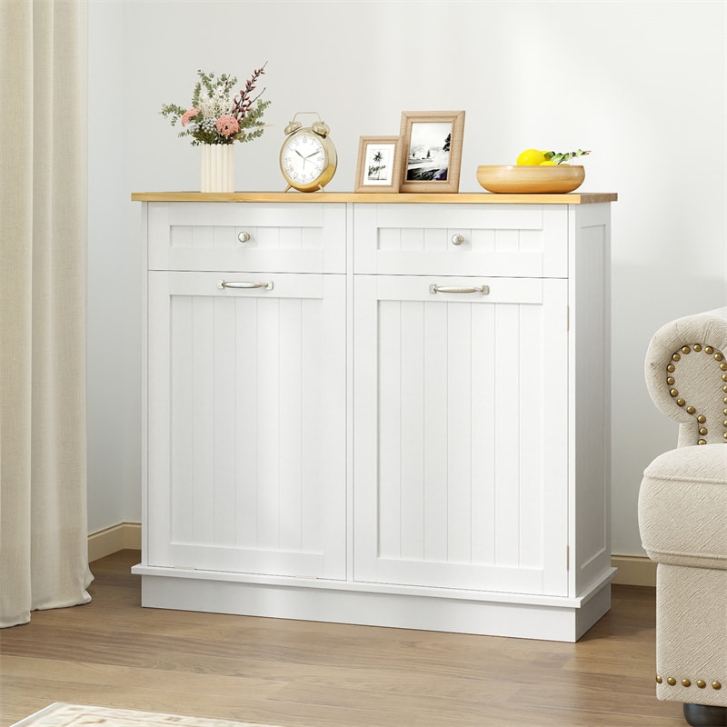 Kitchen Tilt Out Trash Cabinet, Buffet Sideboard w/ Trash Can Holder, 2 Drawers, Rubberwood Countertop & Adj. Shelves, Pet Proof Laundry Hamper