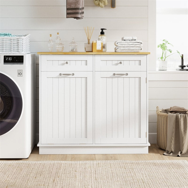 Kitchen Tilt Out Trash Cabinet, Buffet Sideboard w/ Trash Can Holder, 2 Drawers, Rubberwood Countertop & Adj. Shelves, Pet Proof Laundry Hamper