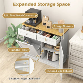 Kitchen Tilt Out Trash Cabinet, Buffet Sideboard w/ Trash Can Holder, 2 Drawers, Rubberwood Countertop & Adj. Shelves, Pet Proof Laundry Hamper