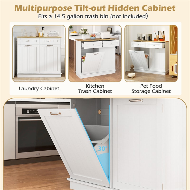 Kitchen Tilt Out Trash Cabinet, Buffet Sideboard w/ Trash Can Holder, 2 Drawers, Rubberwood Countertop & Adj. Shelves, Pet Proof Laundry Hamper