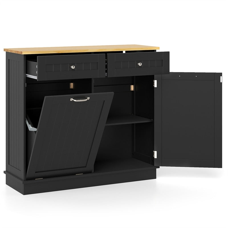 Kitchen Tilt Out Trash Cabinet, Buffet Sideboard w/ Trash Can Holder, 2 Drawers, Rubberwood Countertop & Adj. Shelves, Pet Proof Laundry Hamper