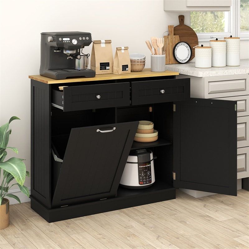 Kitchen Tilt Out Trash Cabinet, Buffet Sideboard w/ Trash Can Holder, 2 Drawers, Rubberwood Countertop & Adj. Shelves, Pet Proof Laundry Hamper